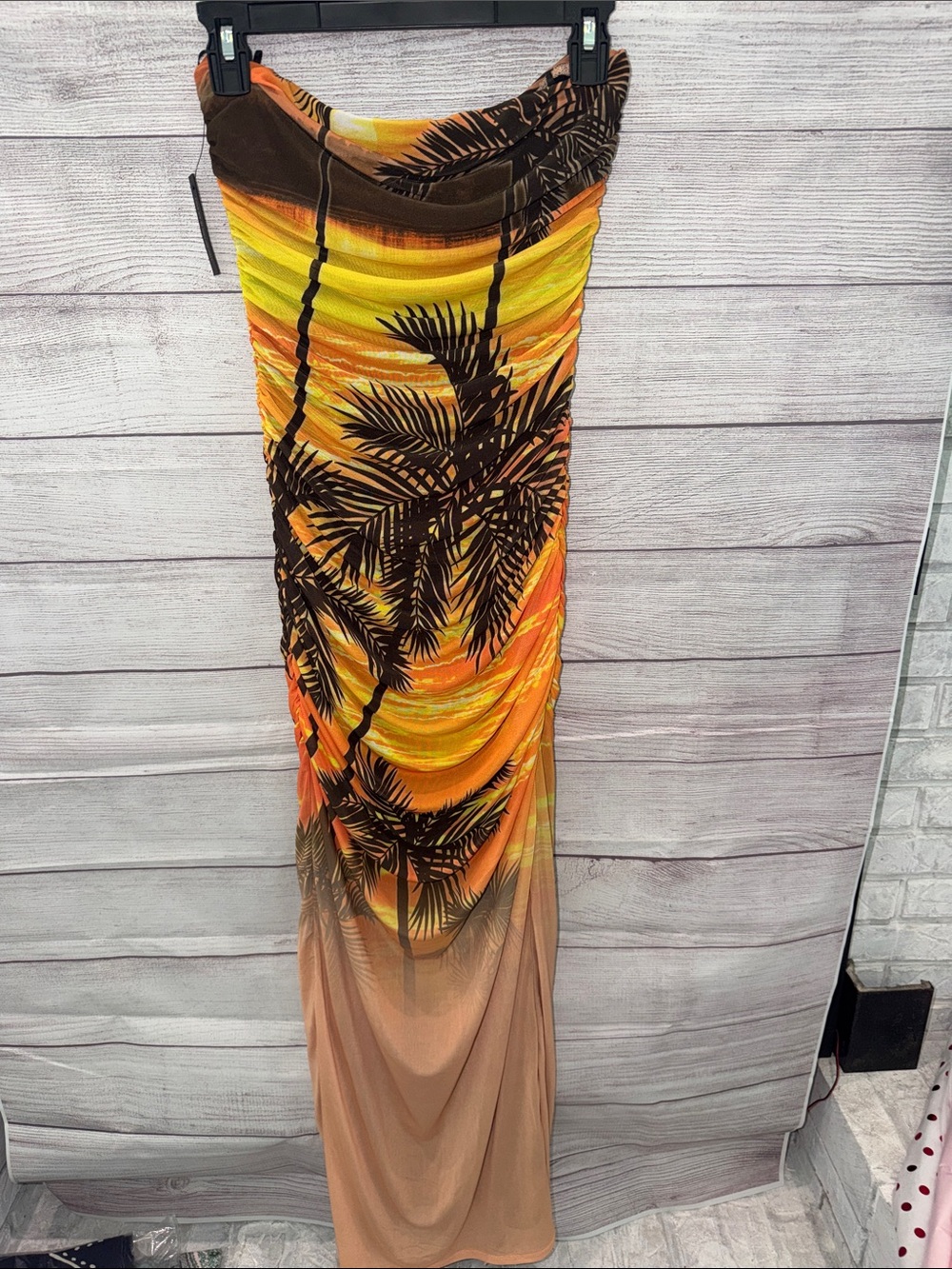 AFRM Strapless Tropical Maxi Dress in Orange, Yellow and Brown
